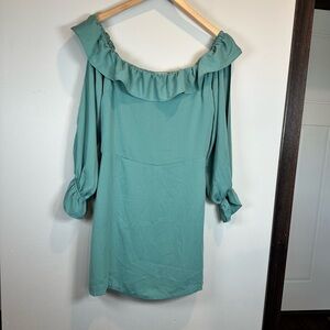 Naked Zebra Off-Shoulder Sage Green Split Open Cut Out Long Sleeves Mini Dress